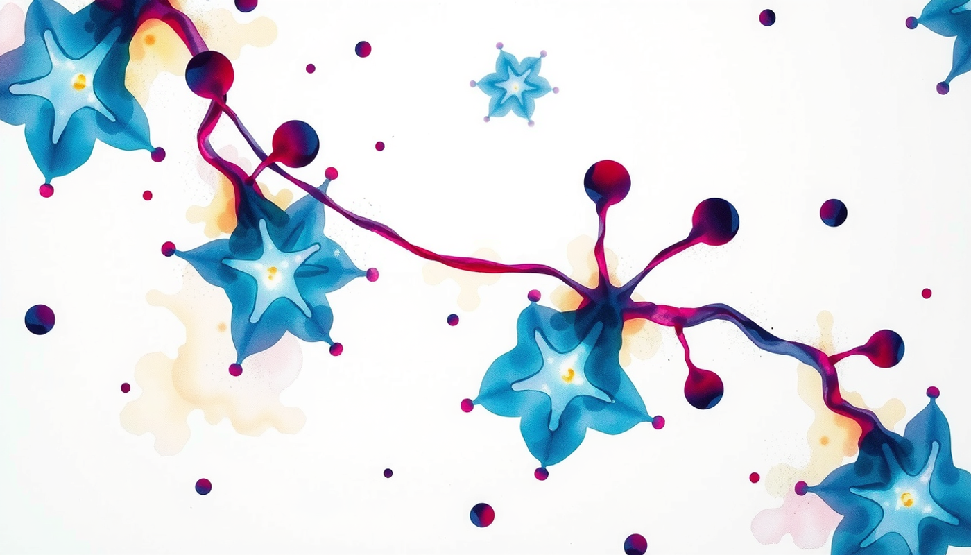 Stylized teal star-shaped cells reaching for glowing violet nodes.