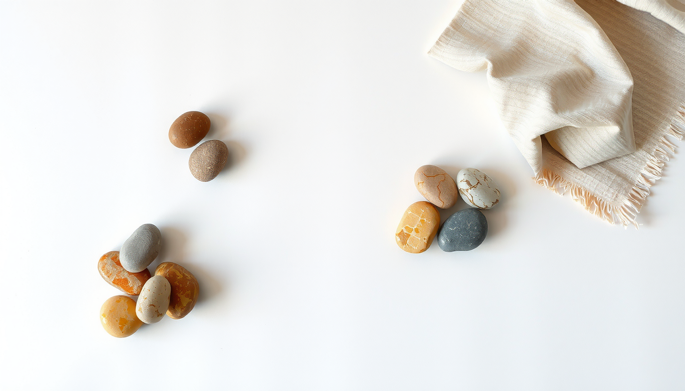 Overhead view of a pale wooden desk with arranged smooth stones.