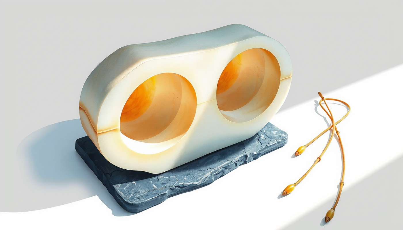 Symmetrical almond-shaped hollows in pale alabaster on dark slate.