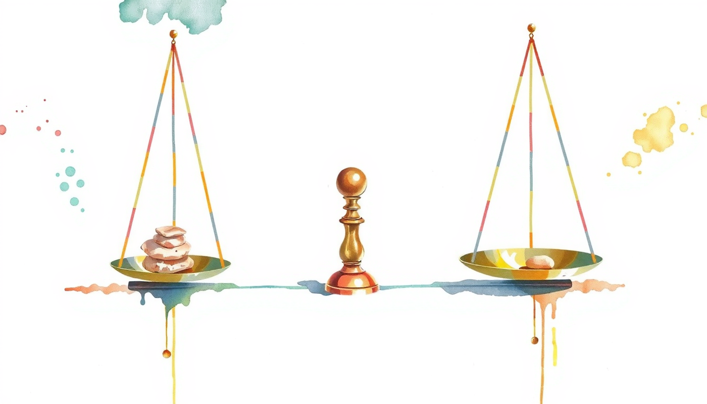 Brass balance scale with smooth beam and stacks of pale stones.