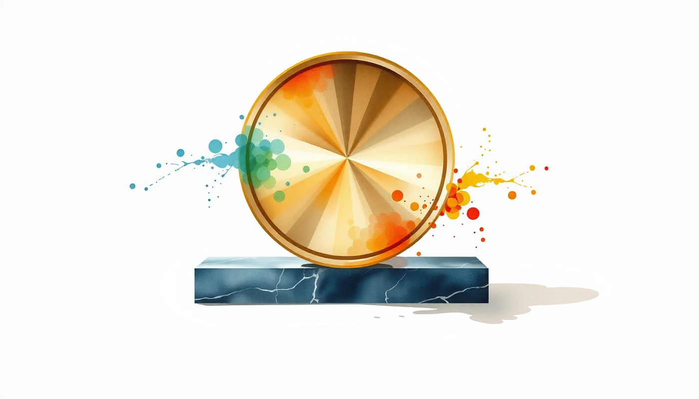 Brass disc balanced on dark marble, illuminated with blue and amber light.