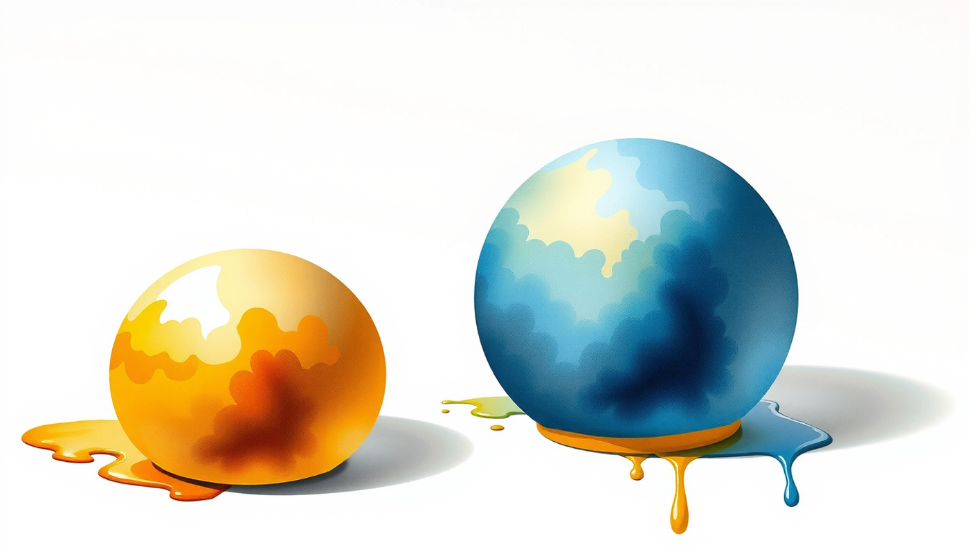 Two ceramic spheres on oak, one warm, one cool shadow.