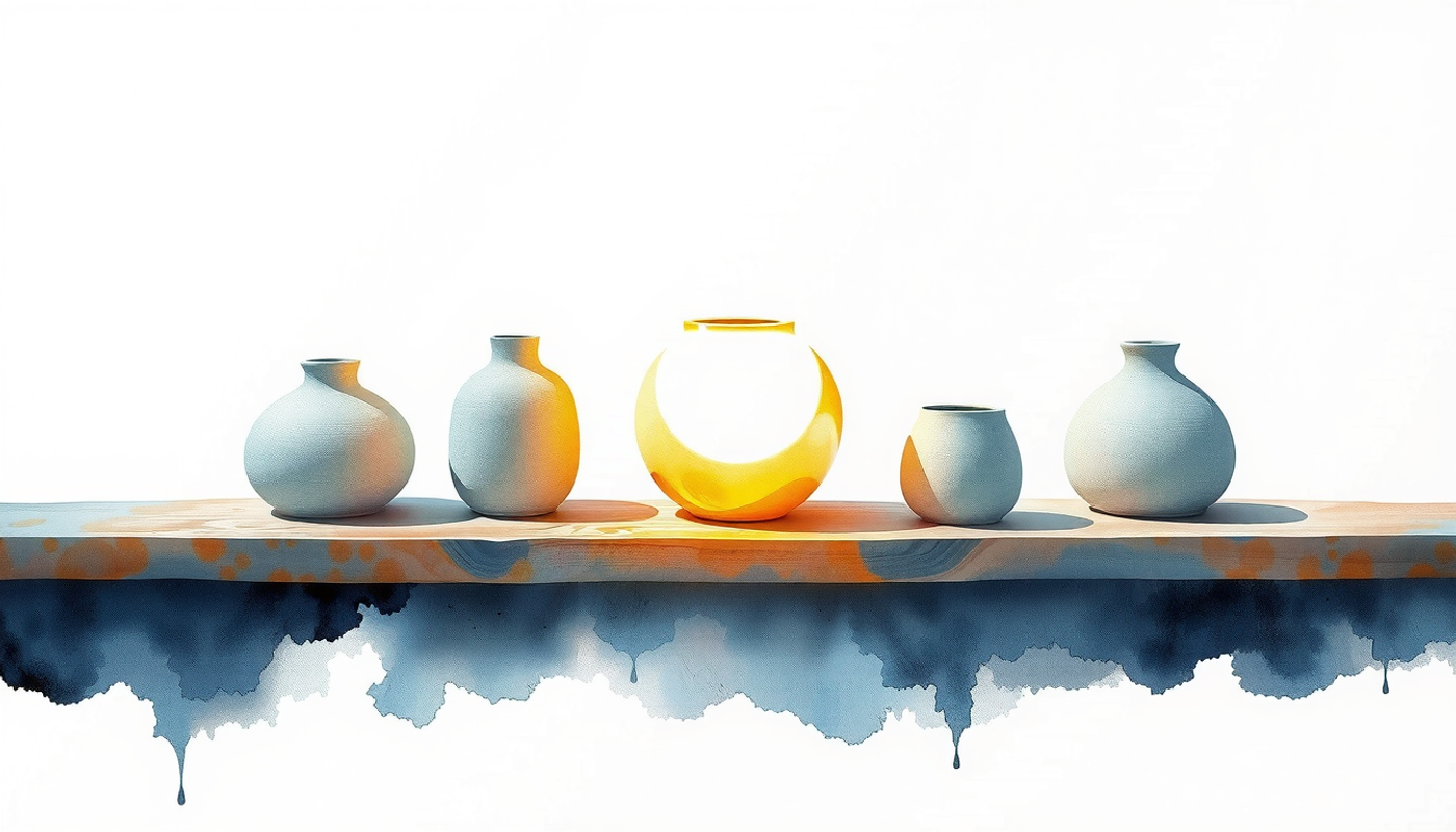 Pale ceramic vessels on a dark shelf, softly illuminated.