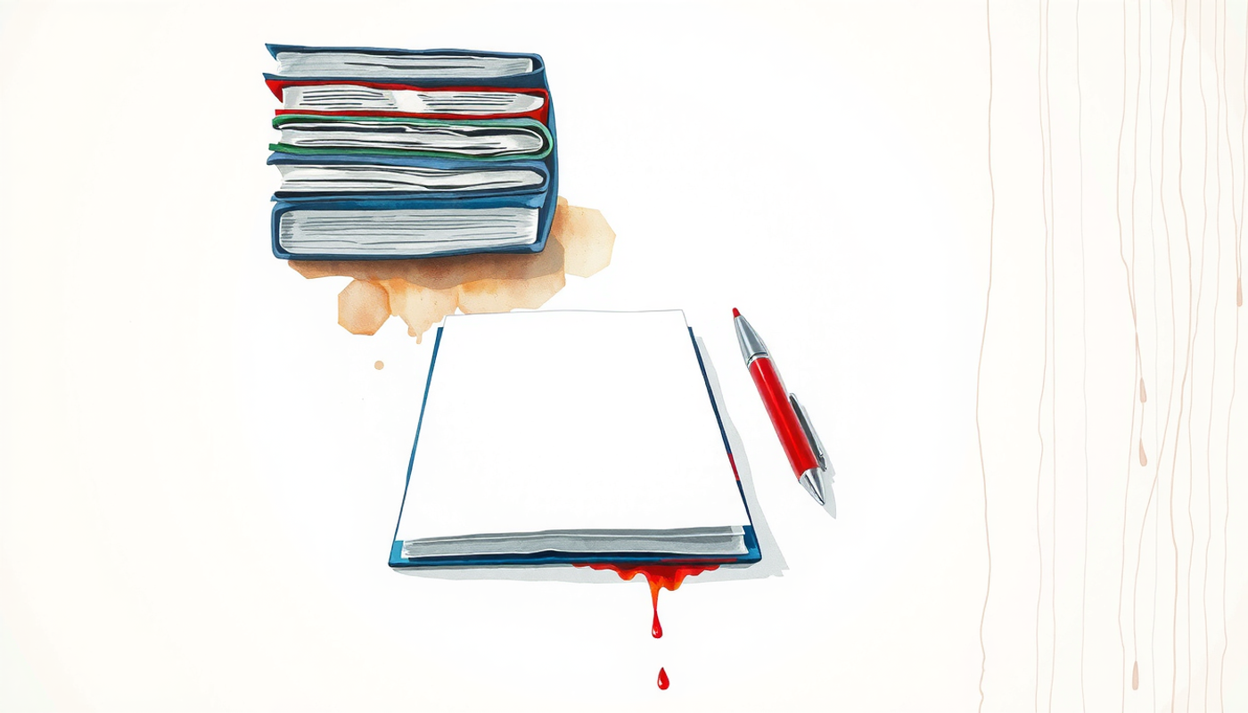 Closed booklets and notepad on a minimalist desk with soft lighting.