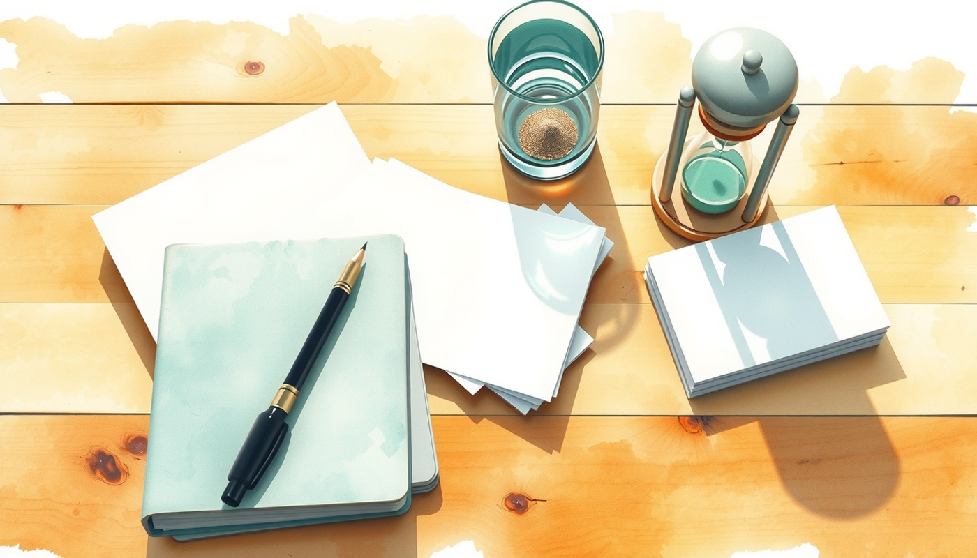 Study desk with a blank notebook, index cards, hourglass, and water glass.