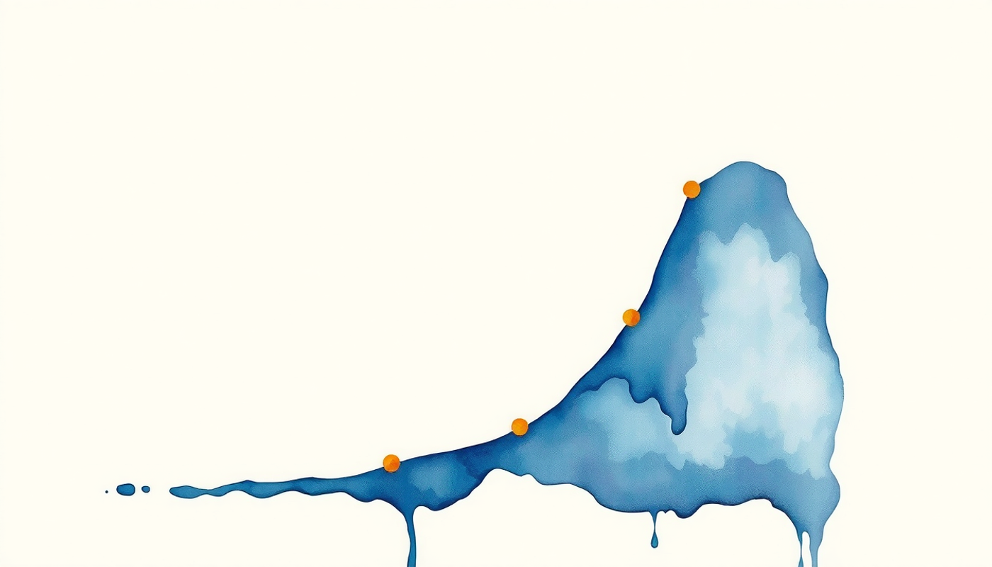 Minimalist exponential decay curve in deep indigo with glowing dots.