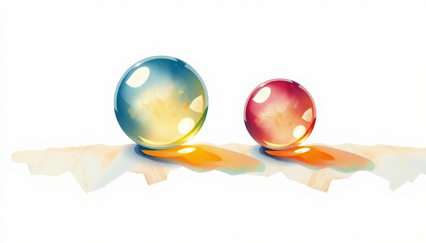 Two glowing glass orbs in blue and red on grey surface.