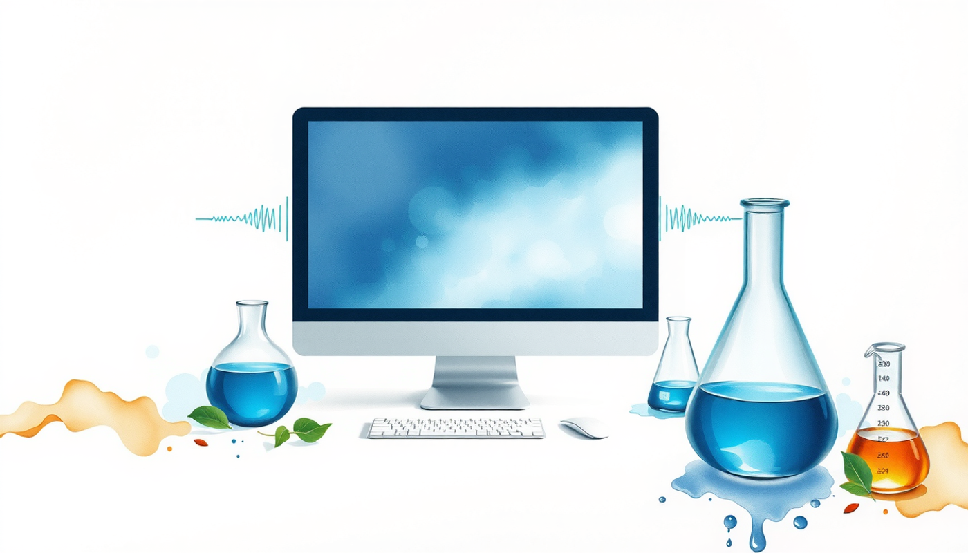 Minimalist lab with glowing monitor and sound waves in blue light.
