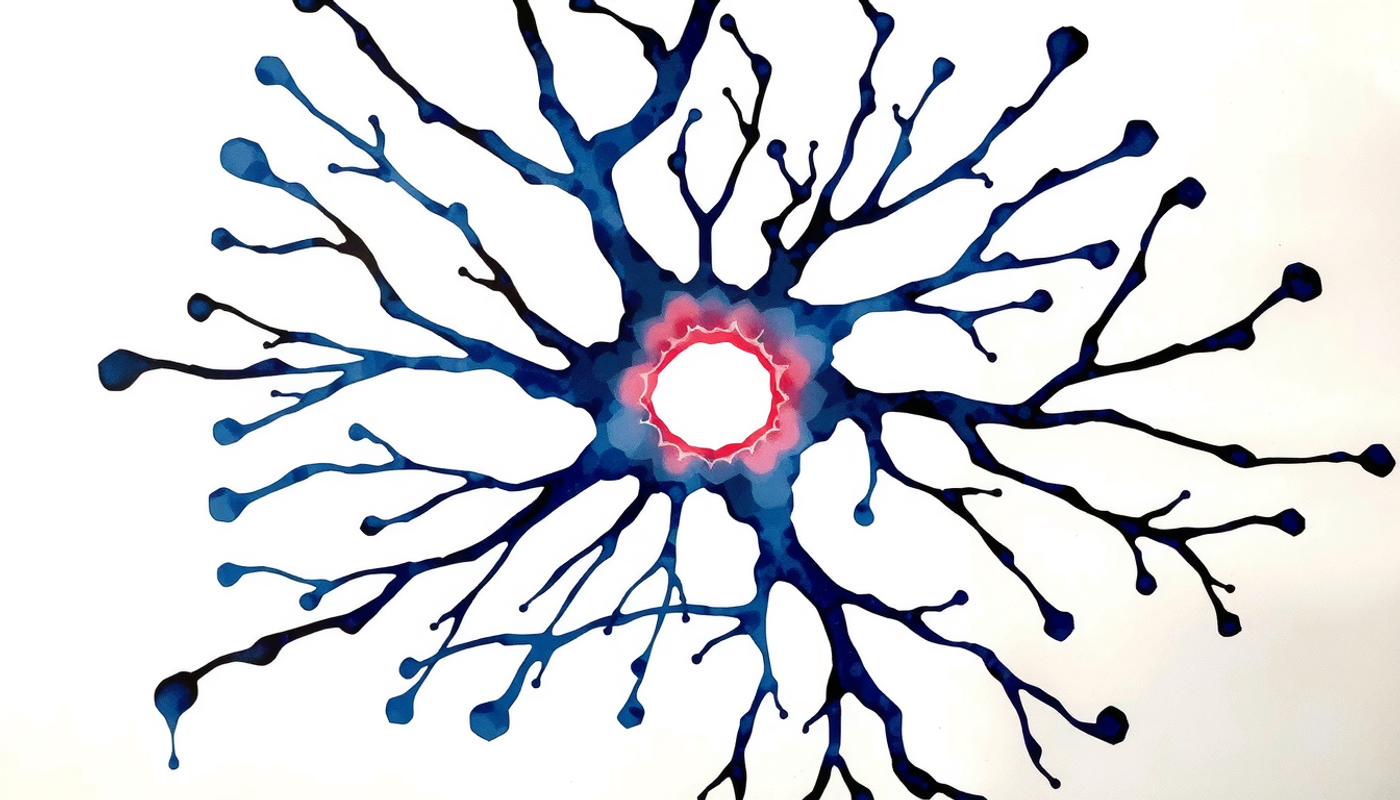 Glowing indigo neuron with radiating dendrites on deep navy background.