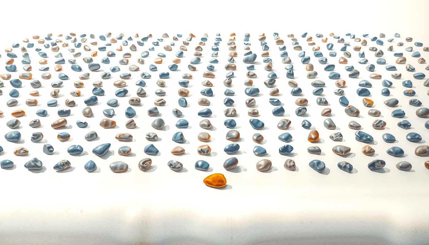 Smooth grey pebbles in rows on pale sand, one amber pebble glowing.