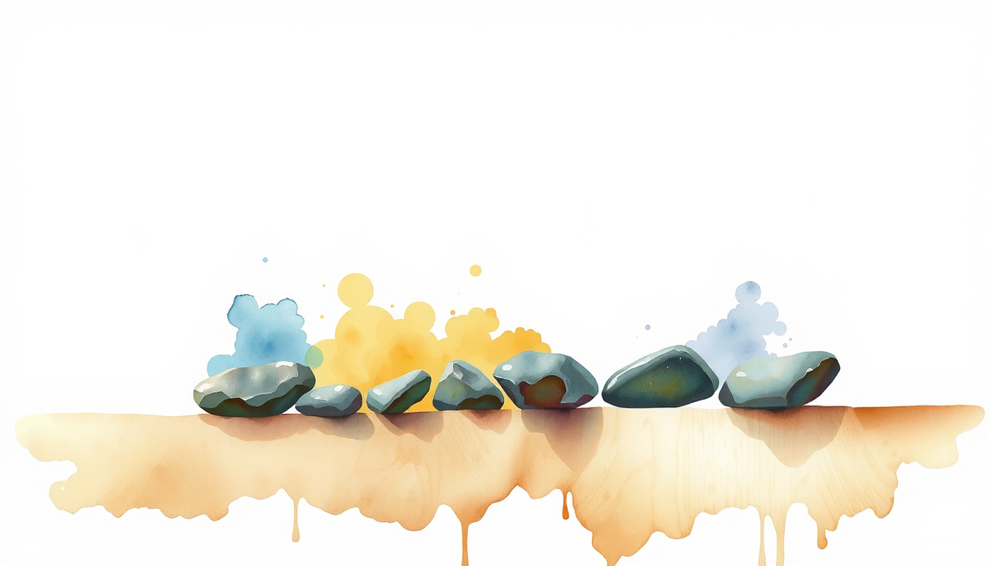 Row of smooth grey river stones on pale wooden surface.