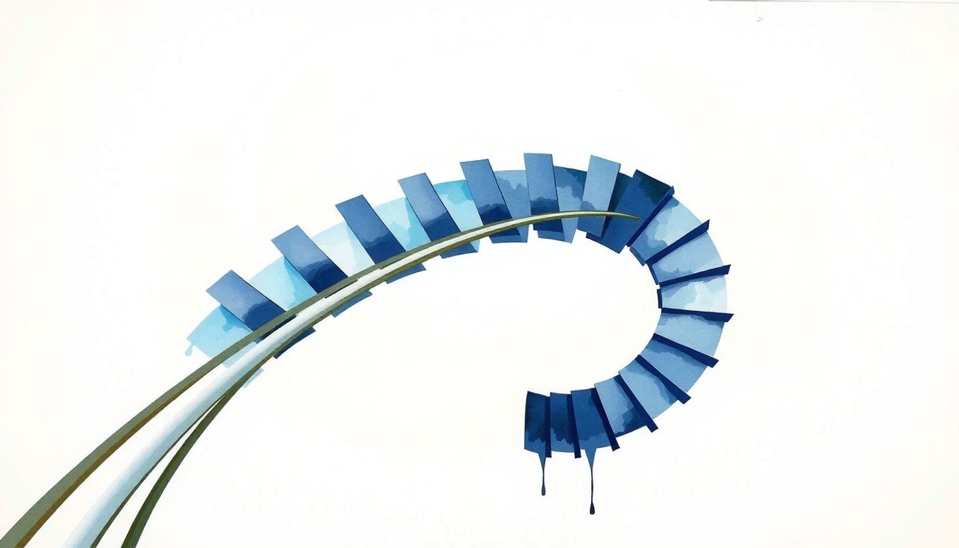 Tall narrow spiral staircase with indigo geometric blocks ascending upward.