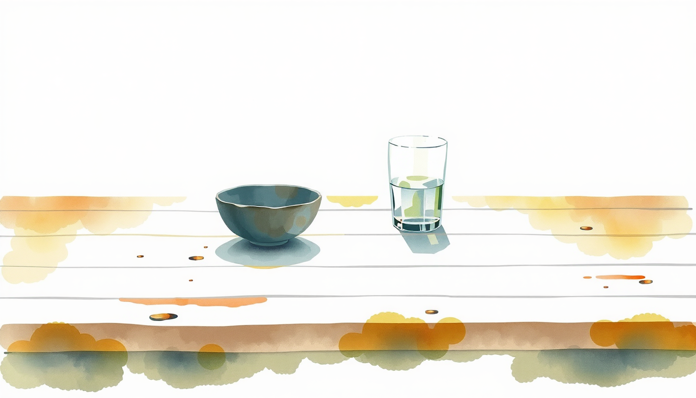 Bare kitchen table with empty bowl and half-full glass of water.