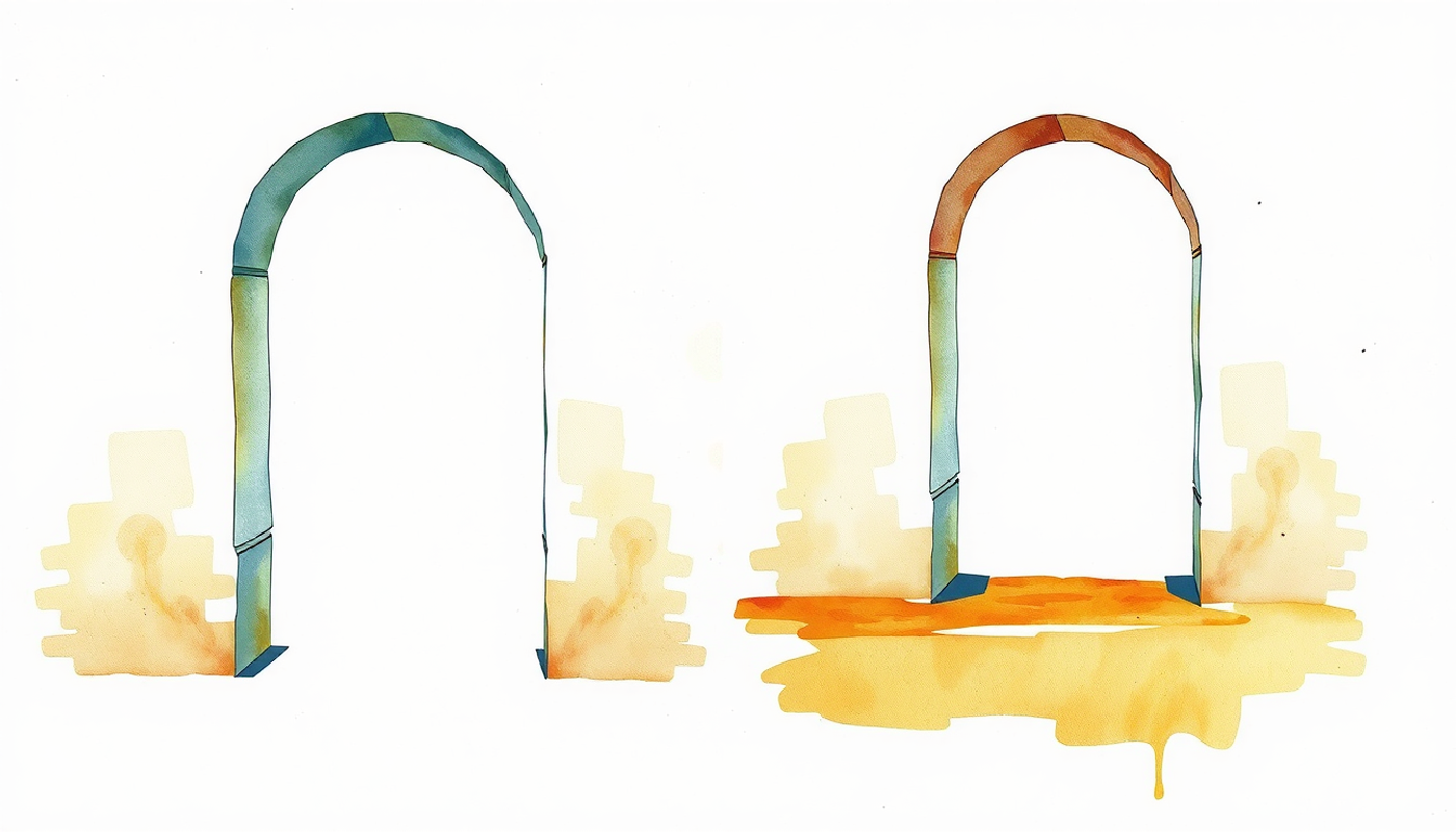 Identical pale stone gateways, one open, one sealed, in warm light.