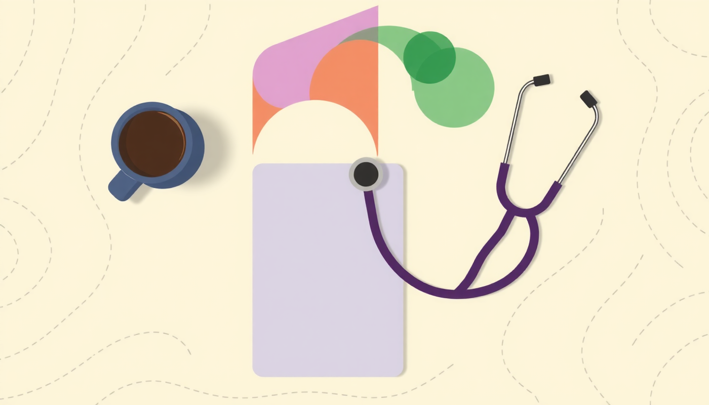 Minimalist study desk with tablet, stethoscope, coffee mug, and flashcards.