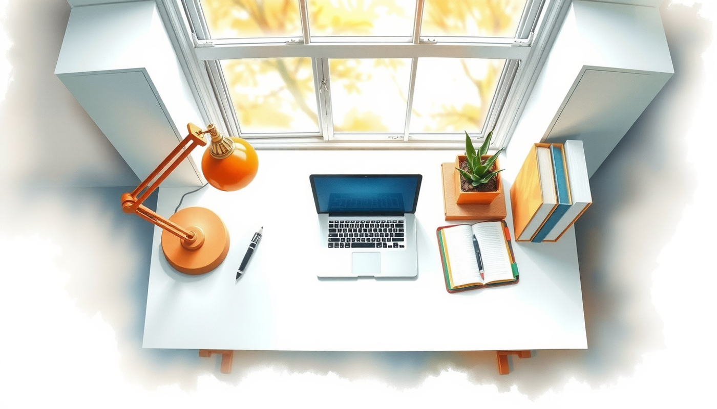 Minimalist study desk with books, laptop, lamp, and potted plant.