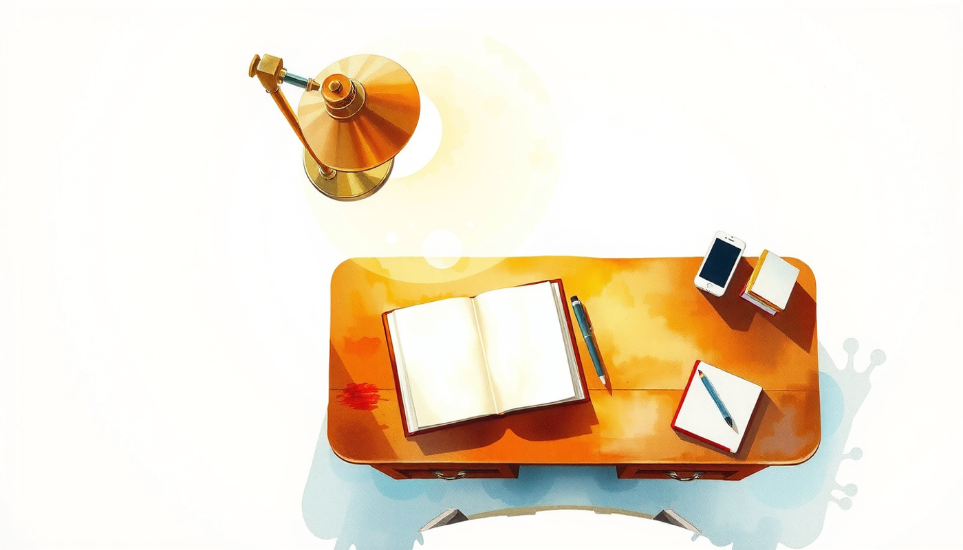 Minimalist study desk with warm lighting and serene atmosphere.