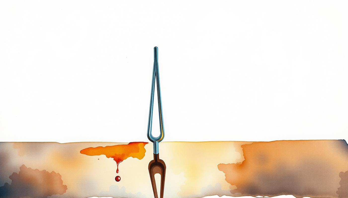 Struck tuning fork on dark tabletop with subtle vibration rings.