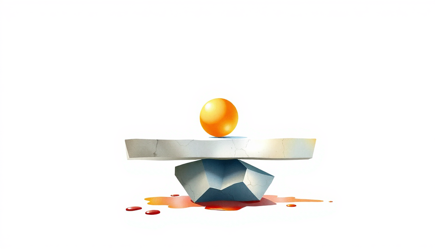 Precision balance scale in dark space, one pan tilted with glowing sphere.