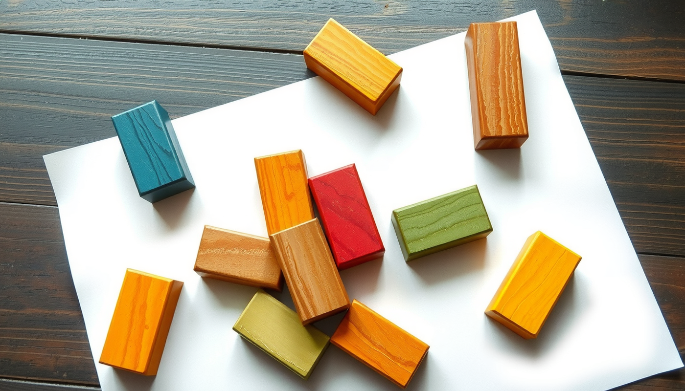 Colorful wooden blocks scattered on dark wood, creating an abstract arrangement.