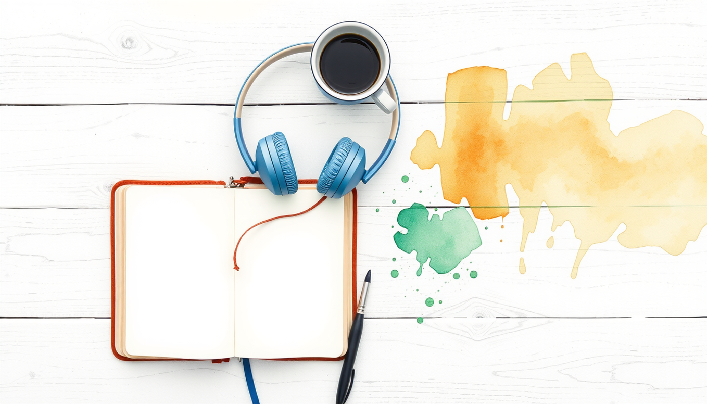 Quiet wooden desk with a blank notebook and headphones in soft light.