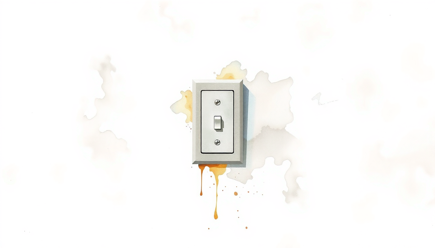 Plain light switch in stark minimalism, casting sharp shadows on grey wall.