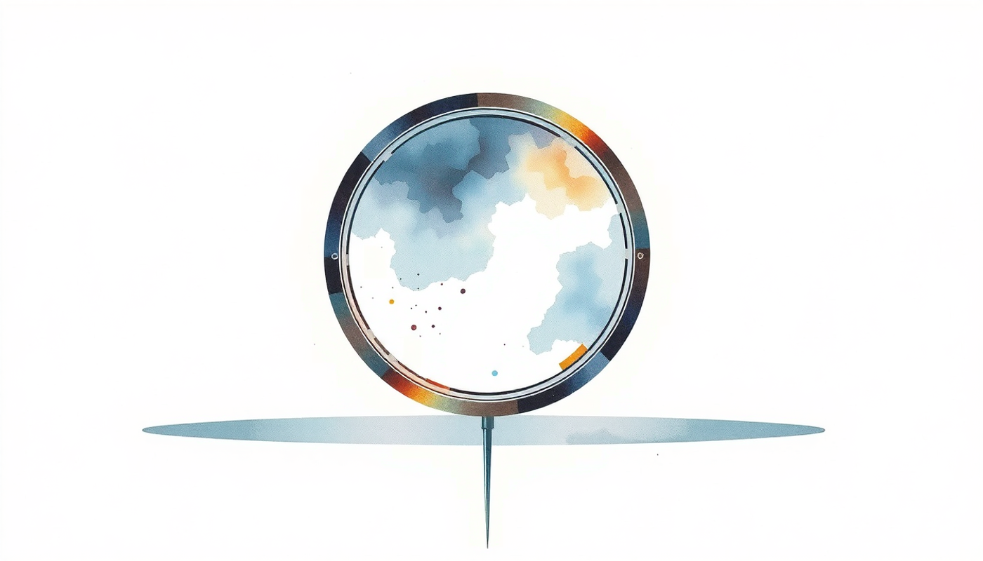 Empty magnifying lens on stand over grey surface with scattered specks.