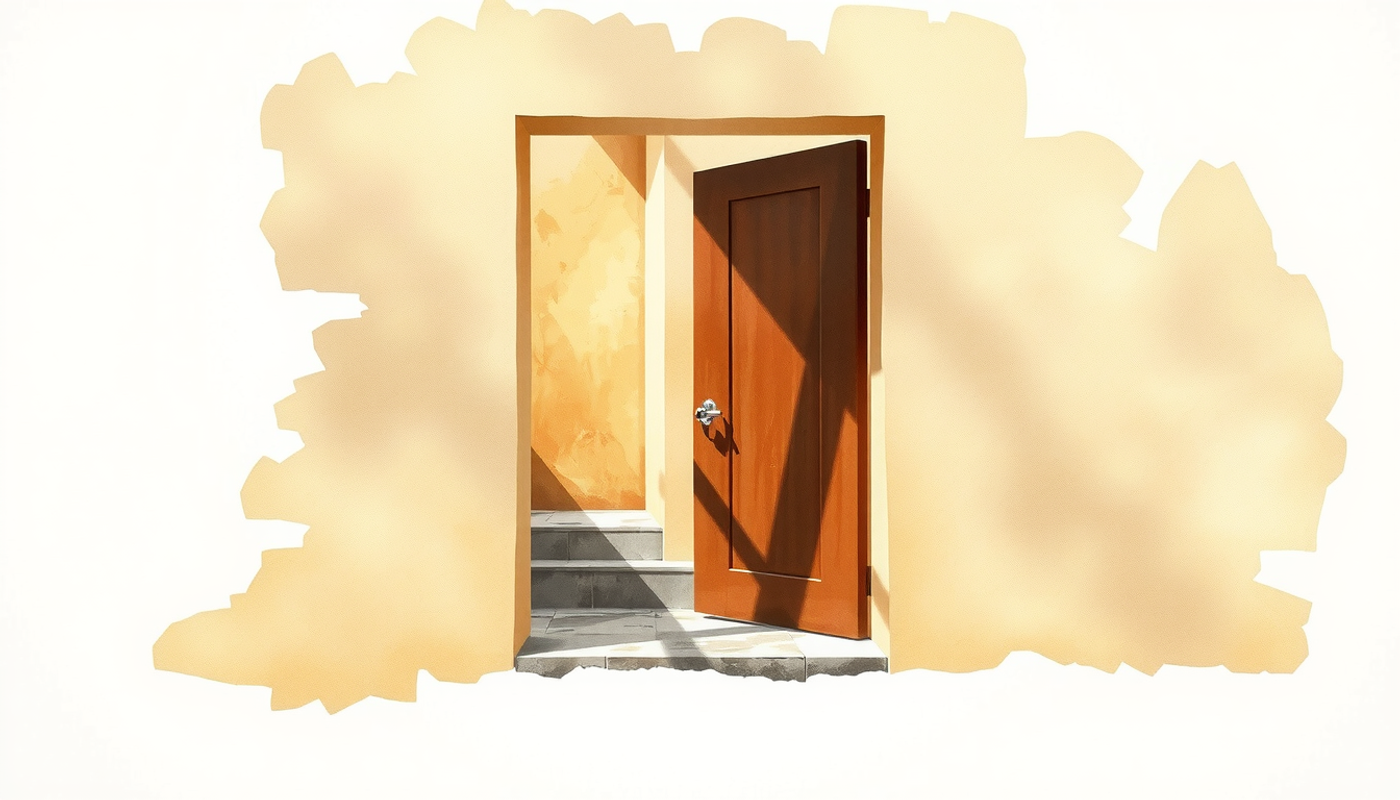 Open doorway with warm light casting shadows on stone floor.