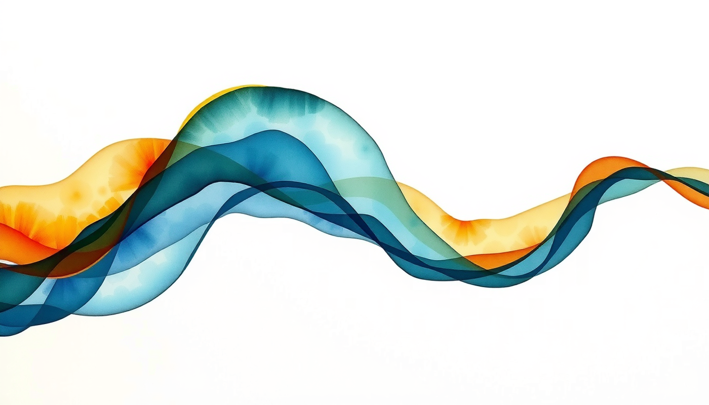 Translucent gradient wave ribbon in teal and amber against dark space.
