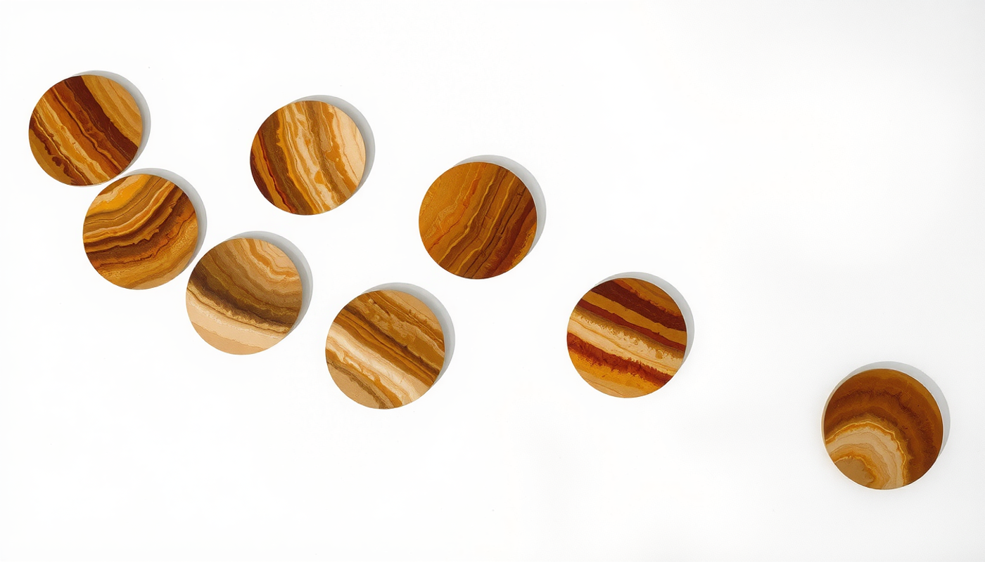 Smooth blank wooden discs arranged in an arc on linen.
