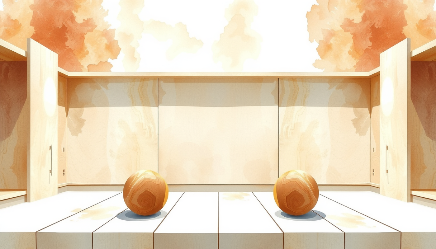Small pale wood stage with smooth wooden spheres and soft lighting.