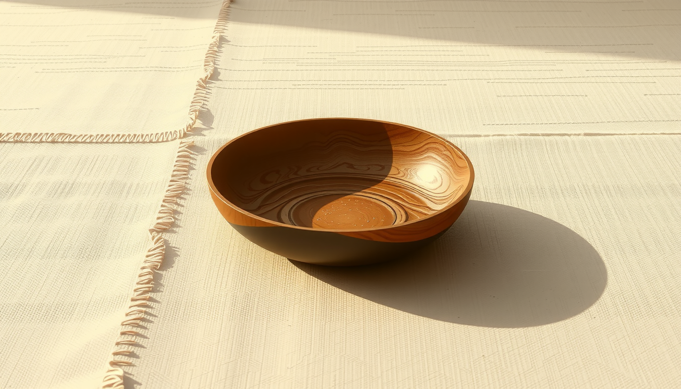 Shallow wooden bowl on linen, bathed in warm morning light.