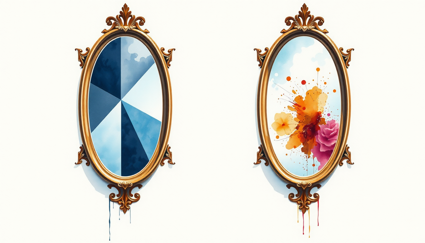 Two mirrors reflecting contrasting geometric patterns in indigo and amber.