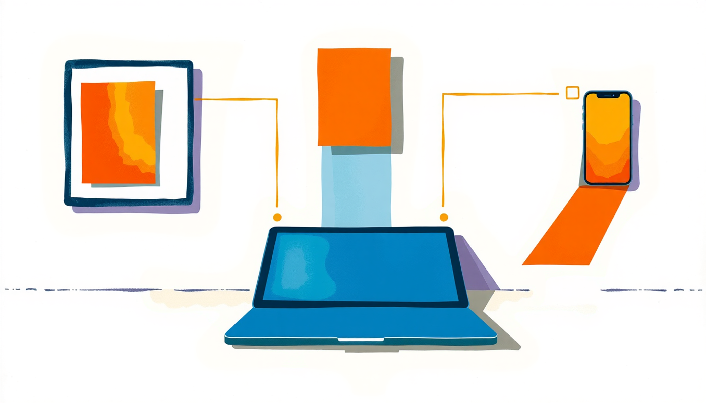 Clean modern desk with laptop, tablet, and phone displaying colorful abstract cards.