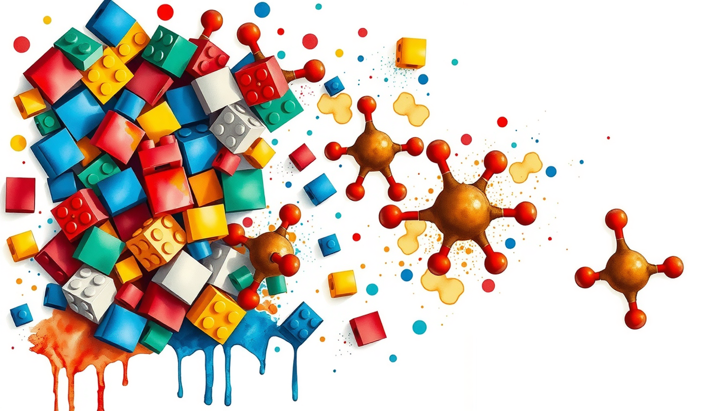 Colorful molecular blocks transitioning from chaos to organized structures.