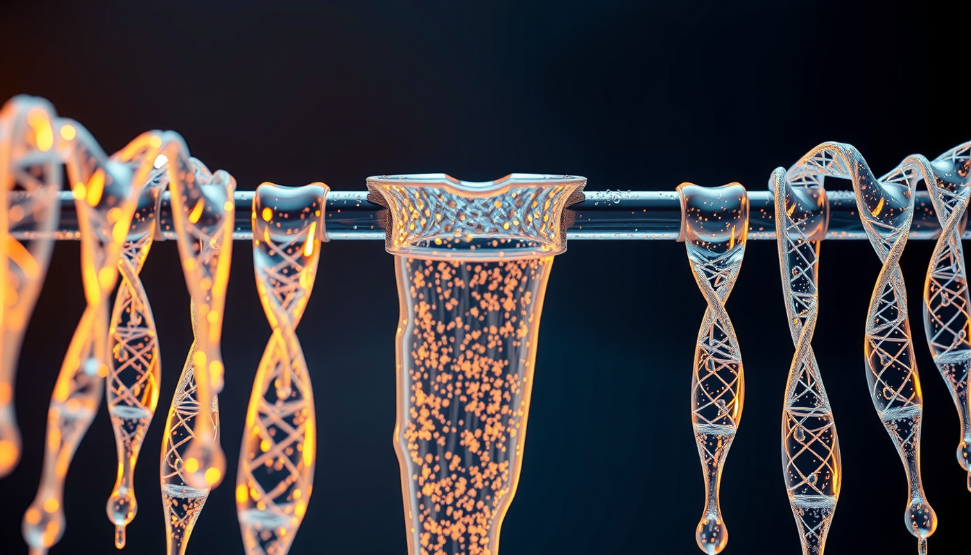 Cascading protein interactions in glowing indigo and gold tones.