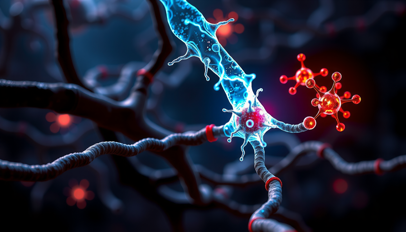 Abstract molecular landscape depicting neuron pathways with glowing blue connections and dissolving red Rac1 molecule.