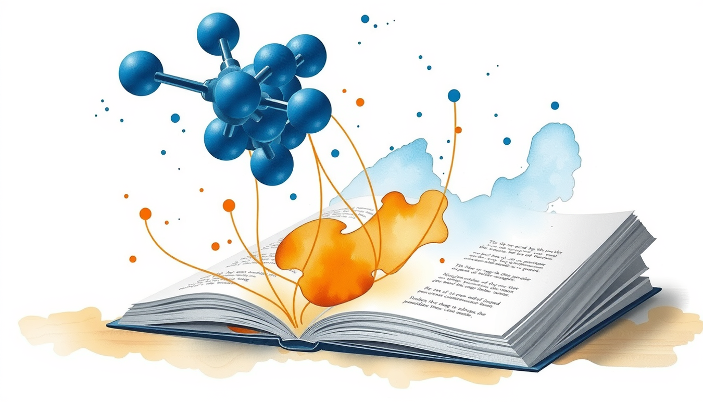 Translucent molecular structure above a chemistry textbook with glowing neural pathways.