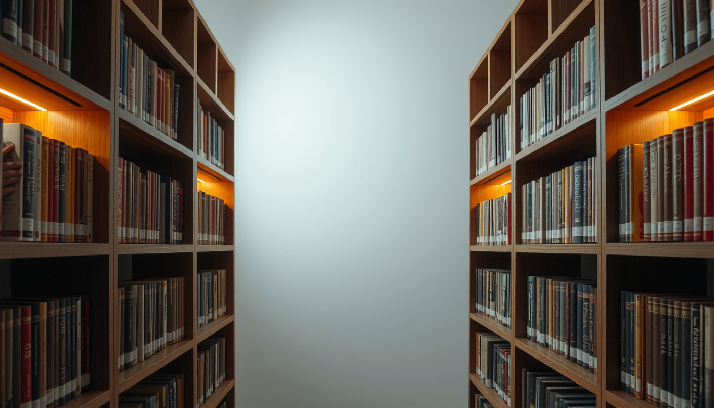 Two bookshelves in contrasting warm and cool lighting, symbolizing memory mood.