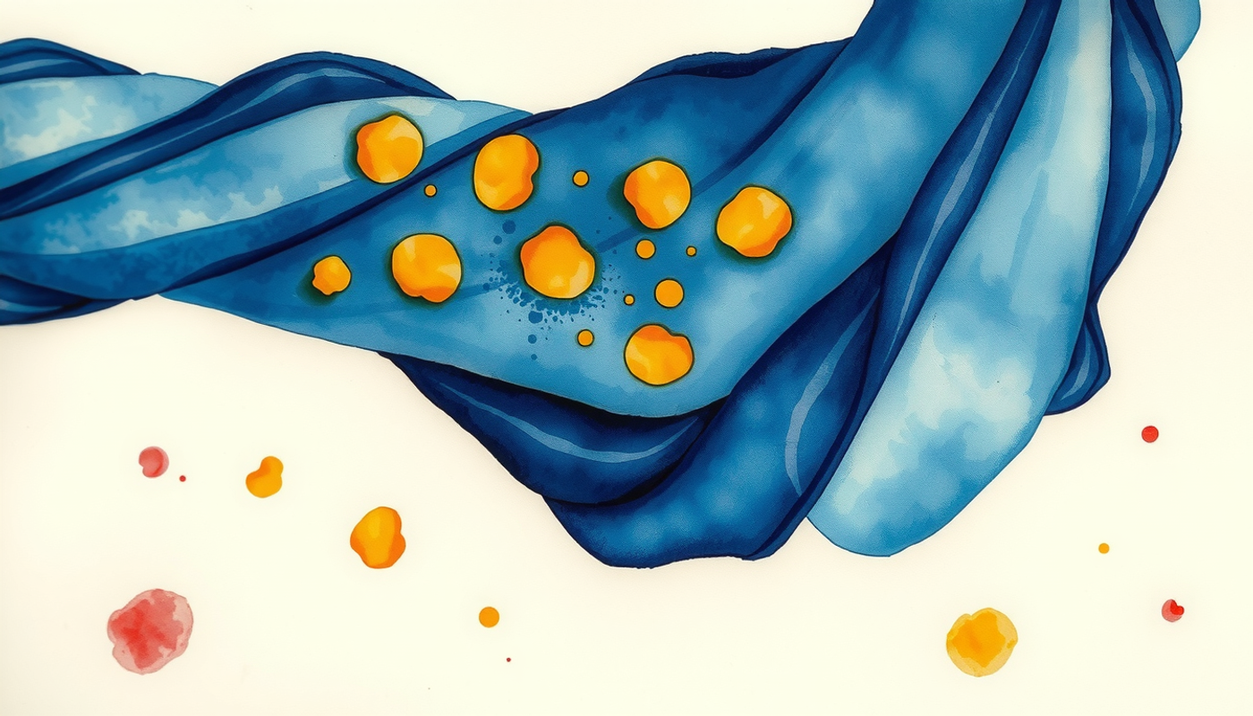 Microscopic muscle fibers with glowing myonuclei in blue and gold.