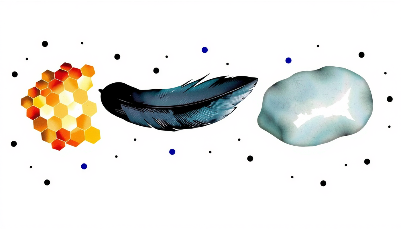 Natural forms: honeycomb, black feather, and river stone on cream background.
