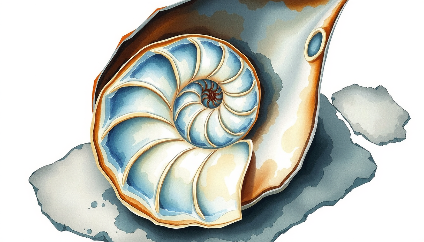 Cross-section of a nautilus shell on dark slate background.
