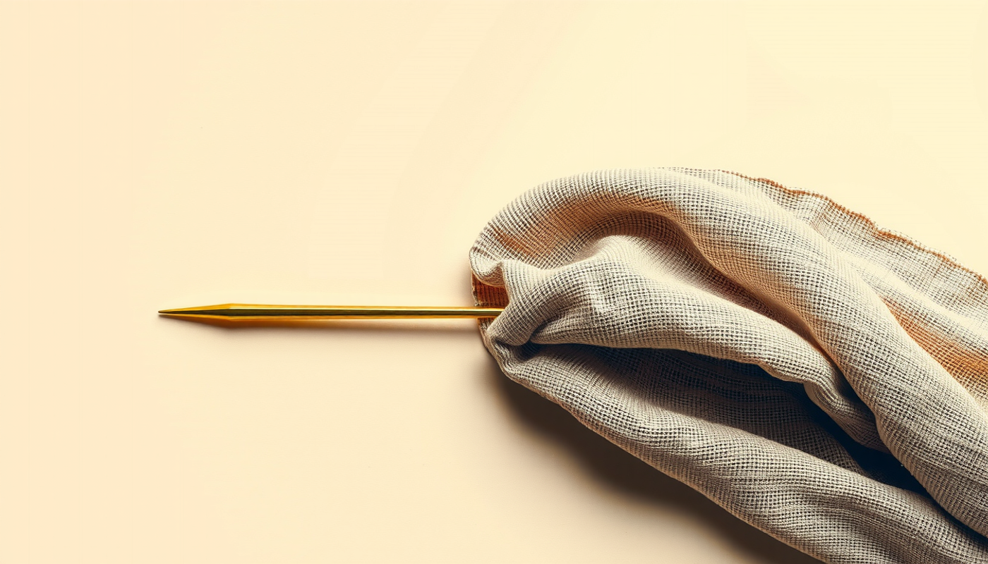 Slender brass needle balanced on textured undyed linen cloth.