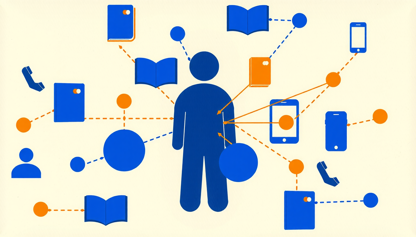 Person at center connected to others, books, and tools by glowing threads.