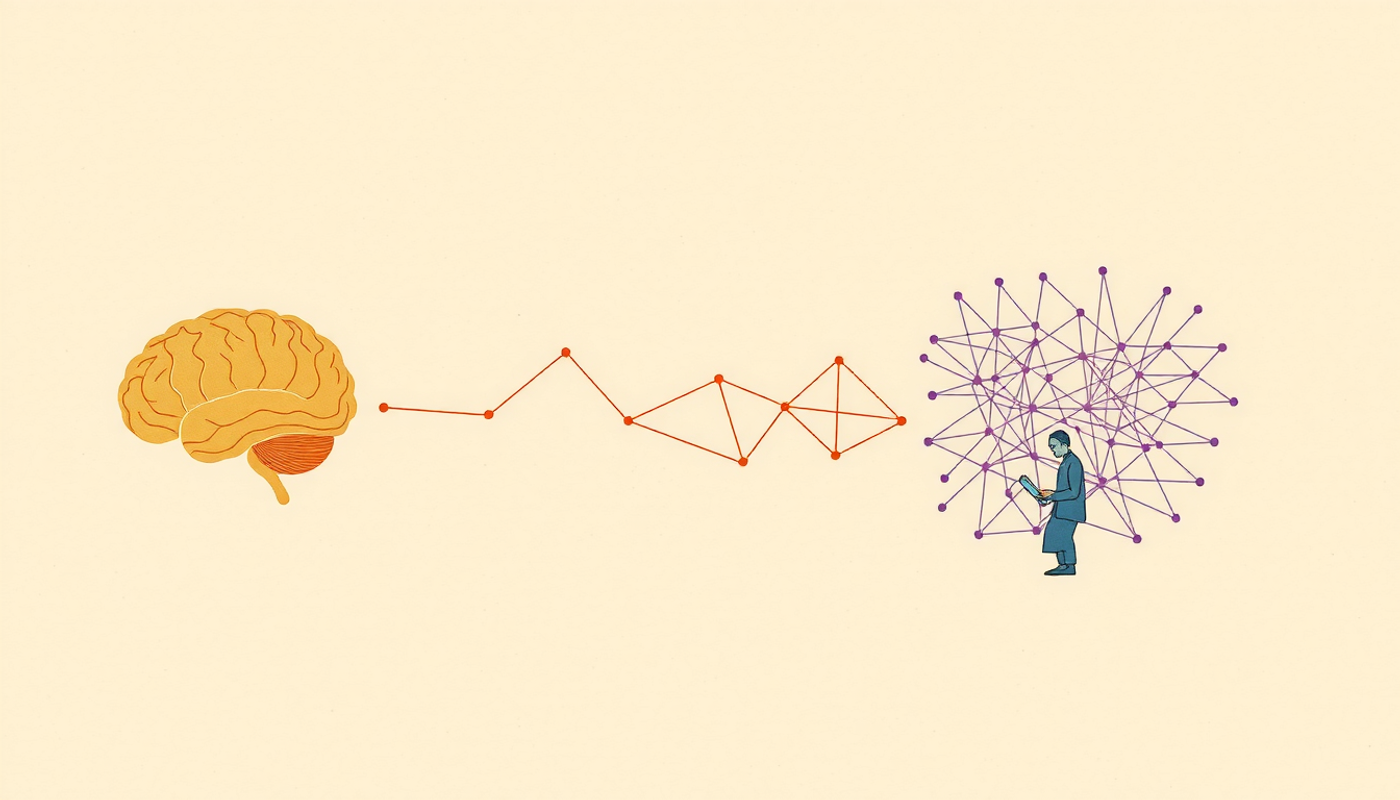 Toddler's glowing brain connections alongside an adult studying, watercolor style.