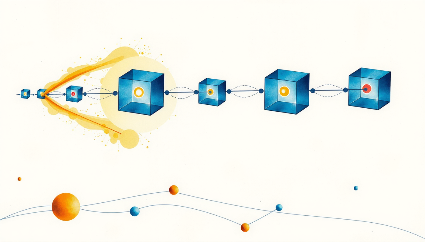 Neural network visualizing sequential data flow through glowing blue cubes.
