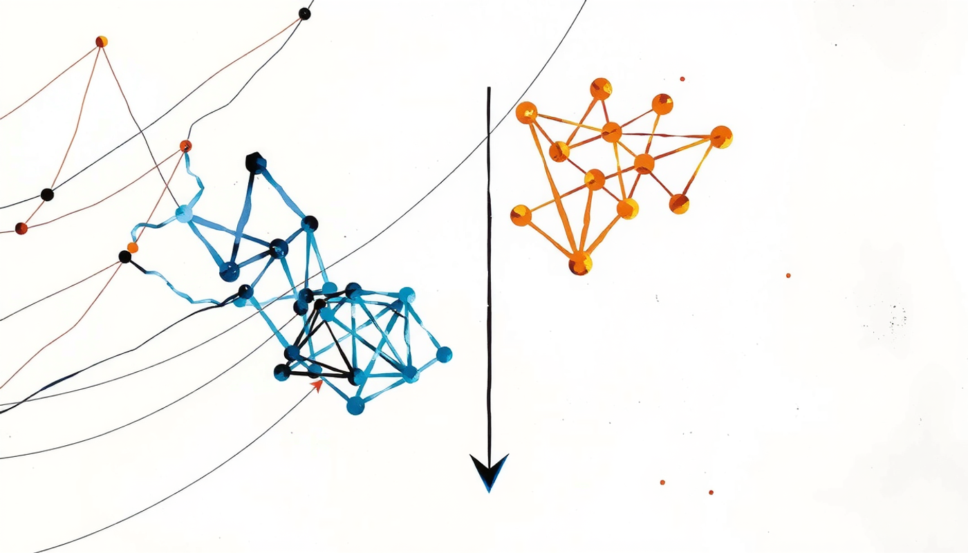 Tangled and organized neural networks illustrating novice to expert knowledge transformation.