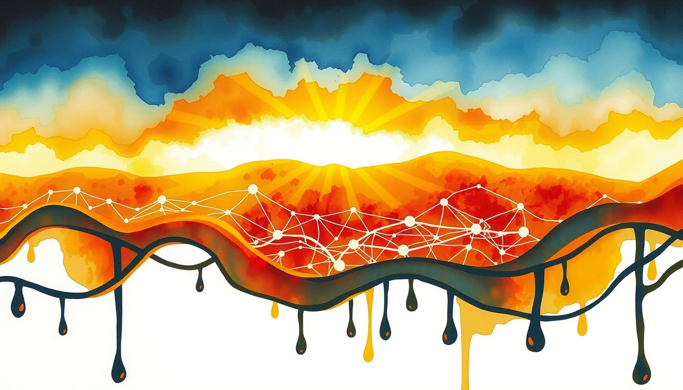 Sunrise over neural pathways, warm tones of gold and indigo.