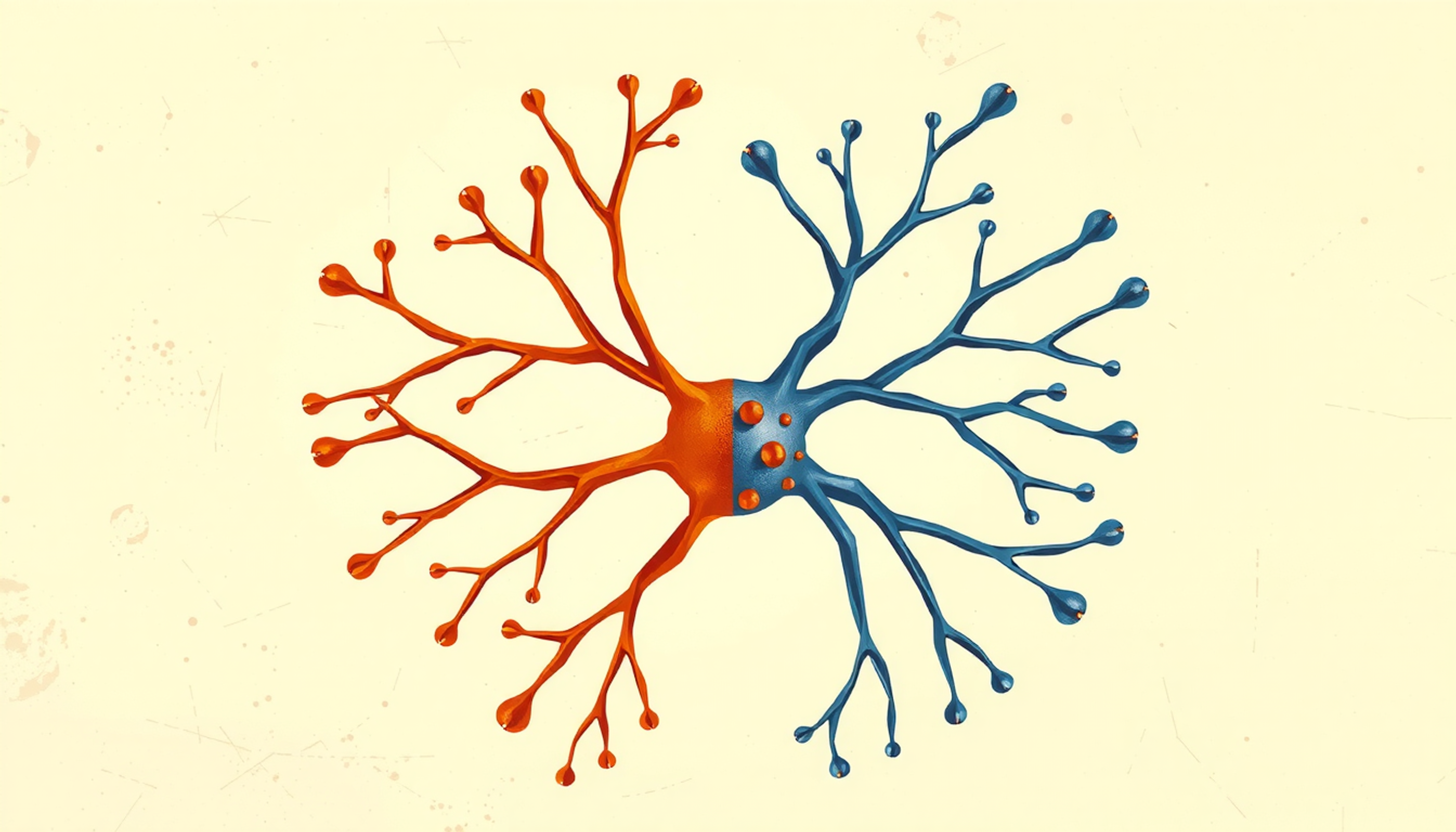Neuron showing dendritic branches shrinking in hippocampus and growing in amygdala under chronic stress.