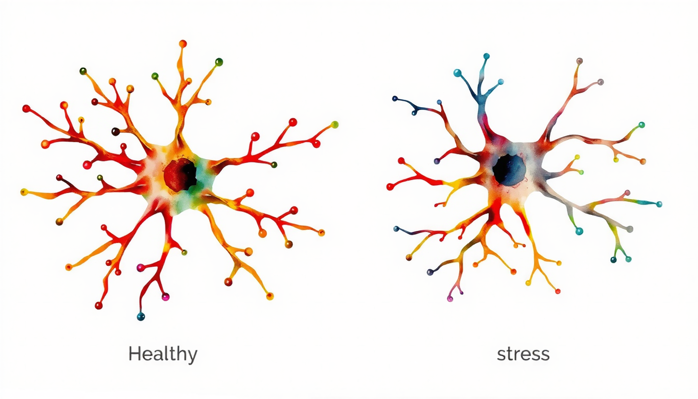 Prefrontal neuron comparison: healthy dendrites vs. stressed neuron in watercolor.